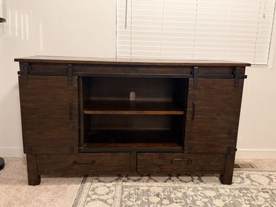 Rustic Farmhouse Barn Door TV Stand Console Media Cabinet Dark Wood Storage