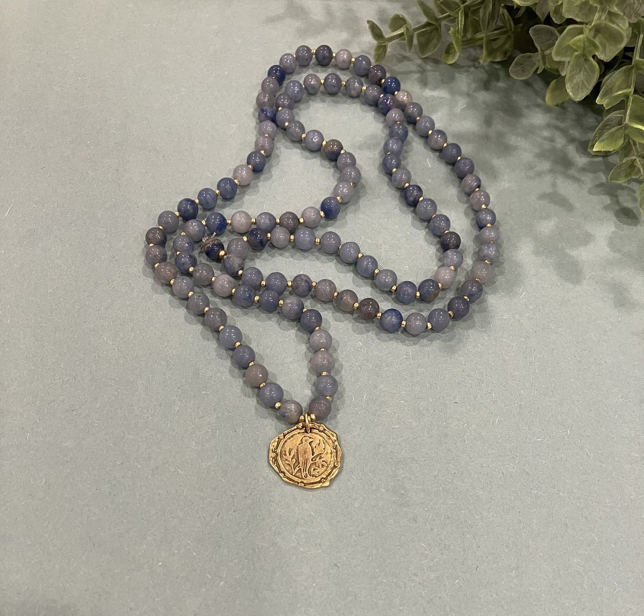 Blue Gemstone Beaded Necklace With Golden Bird Pendant