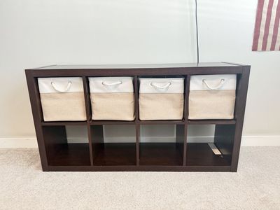 Dark Wood Cube Storage Organizer 8-Cube Bookshelf w/ 4 Fabric Bins - Versatile & Stylish