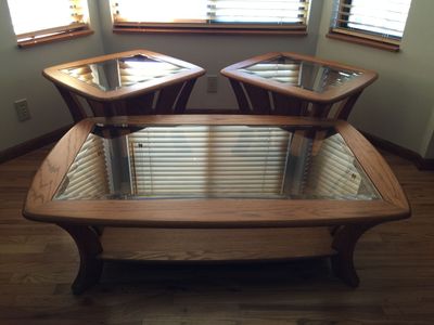 Matching Solid Oak Coffee Table and Two Solid Oak End Tables. Each with Glass Inset Tops and Featuring Lower Display Shelf.