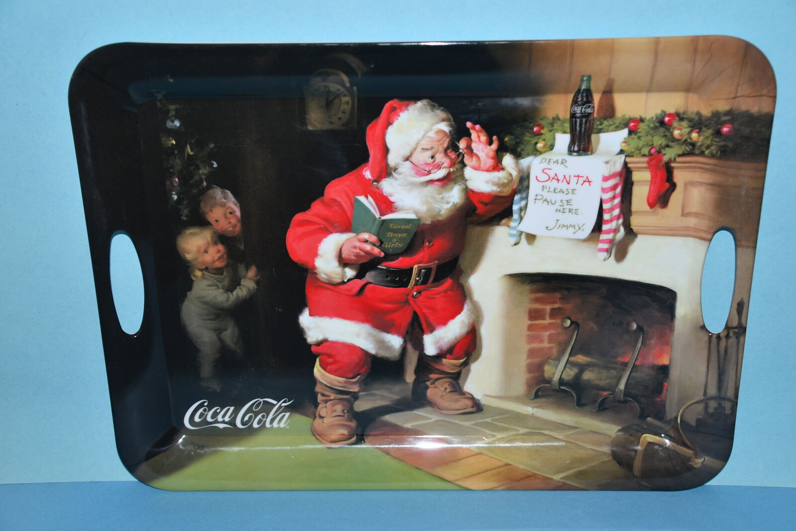LARGE SANTA "COCA COLA" CHRISTMAS SERVING TRAY ~ 19" x 14" ~ HANDLES ~ EVOLUTION by SAKURA