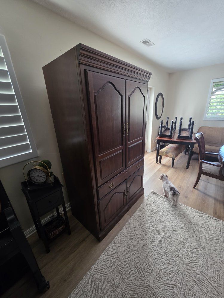 Large Wooden Armoire - Storage Cabinet with Doors and Drawers, Dark Wood Finish