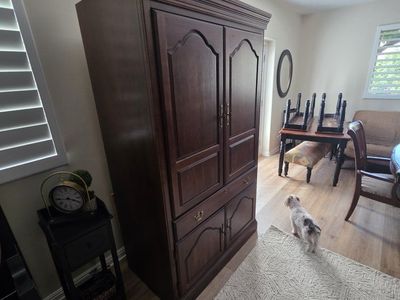 Large Wooden Armoire - Storage Cabinet with Doors and Drawers, Dark Wood Finish
