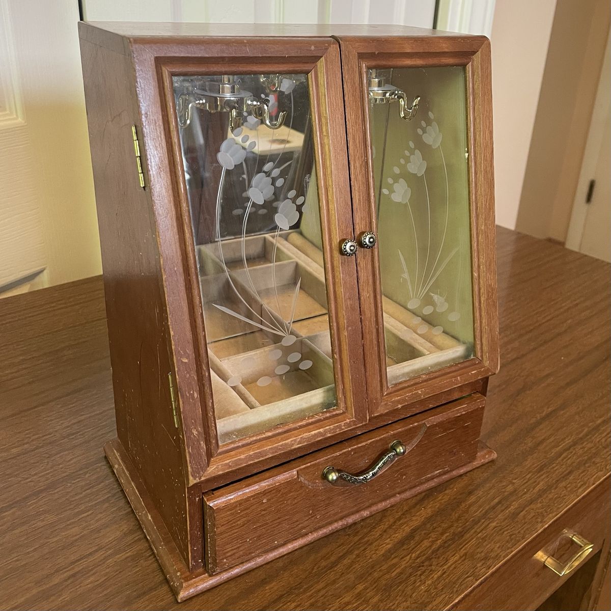 Vintage Wooden Jewelry Box Armoire with Glass Doors, Etched Floral Design, Ring Rolls, Necklace Hooks