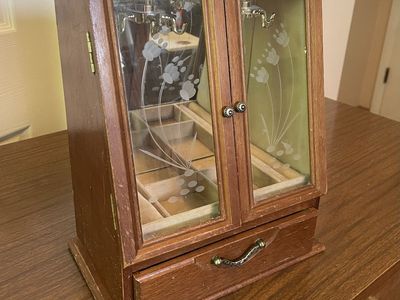 Vintage Wooden Jewelry Box Armoire with Glass Doors, Etched Floral Design, Ring Rolls, Necklace Hooks
