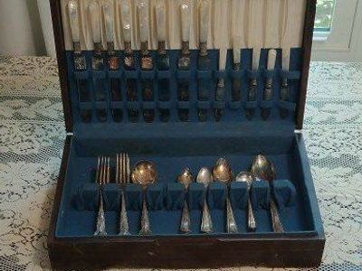Vintage Mother of Pearl Handle Silverware Set in Wooden Case - Mixed Flatware Collection