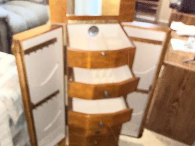 Solid Wood Jewelry Armoire Cabinet - Multiple Drawers, Side & Top Storage - Estate Sale Find
