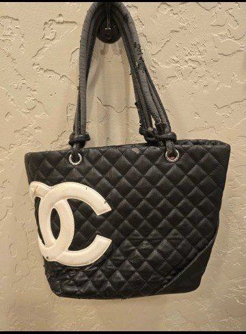 Vintage Chanel Cambon Line Black Quilted Leather Large Tote Bag Used