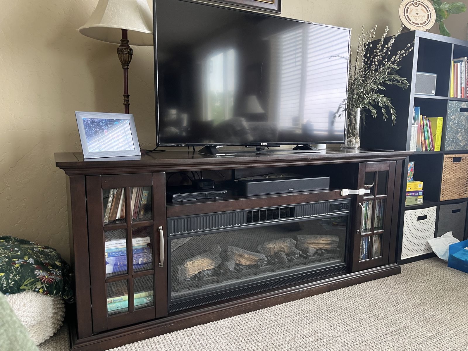Wood TV Console with Faux Fireplace