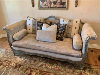 Vintage-Style Beige Fabric Loveseat Sofa with Carved Wood Frame