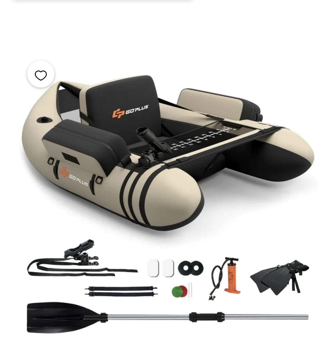 New Goplus Inflatable Fishing Float Tube Pontoon Boat w/ Oar & Pump - Tan/Black, Includes Accessories and rod holder