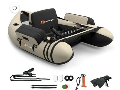 New Goplus Inflatable Fishing Float Tube Pontoon Boat w/ Oar & Pump - Tan/Black, Includes Accessories and rod holder