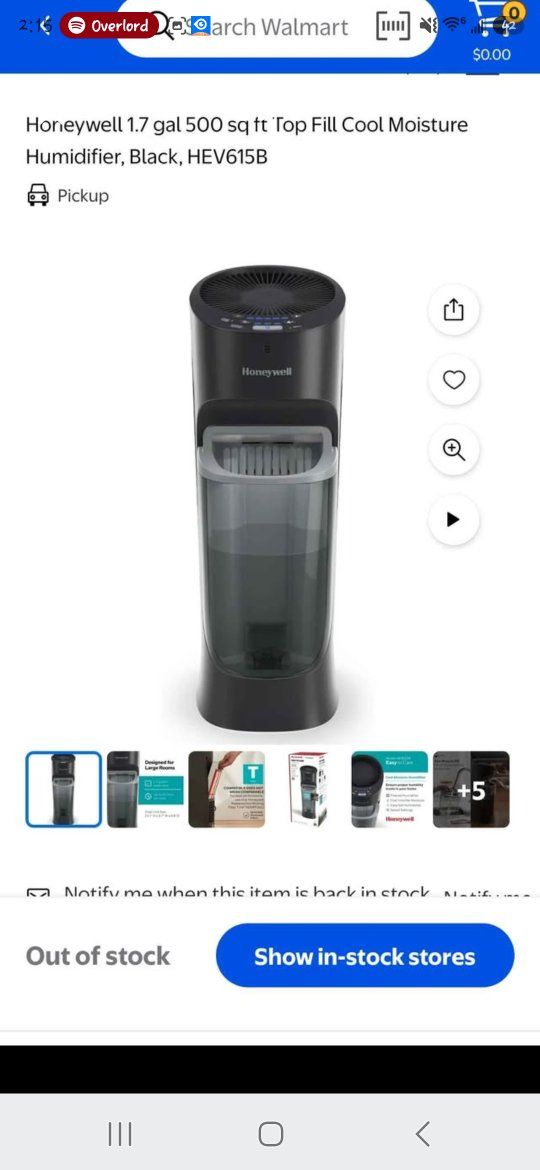Honeywell HEV615B 1.7 Gal Top Fill Cool Moisture Humidifier - Black, 500 sq ft Coverage