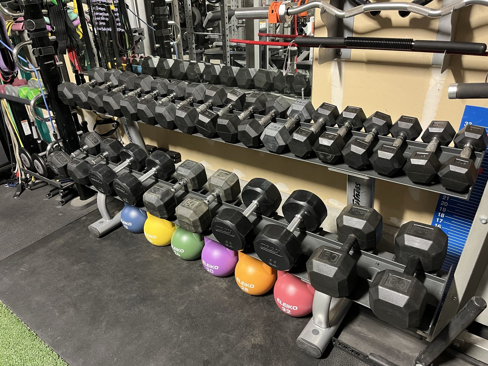 Commercial Rubber Coated Dumbbell Set & LIFE FITNESS Rack