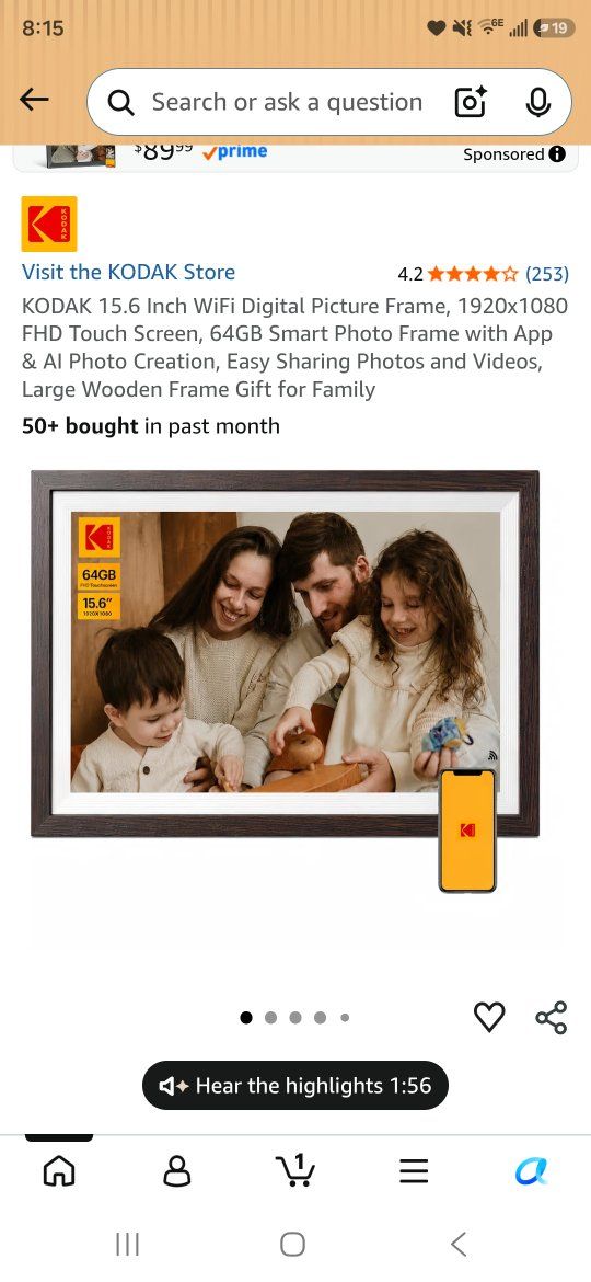 Kodak 15.6-Inch Wi-Fi Digital Picture Frame (RCF-1561V) Wood Finish 64GB Touch Screen