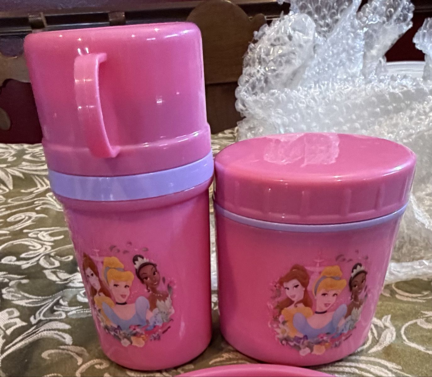 Disney Princess Pink Kids Tumbler with Handle and Food Jar Set - Cinderella, Tiana, Belle