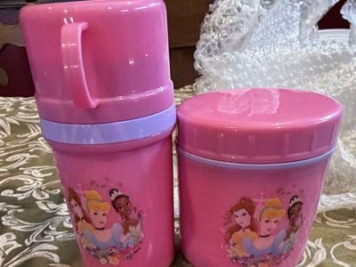 Disney Princess Pink Kids Tumbler with Handle and Food Jar Set - Cinderella, Tiana, Belle
