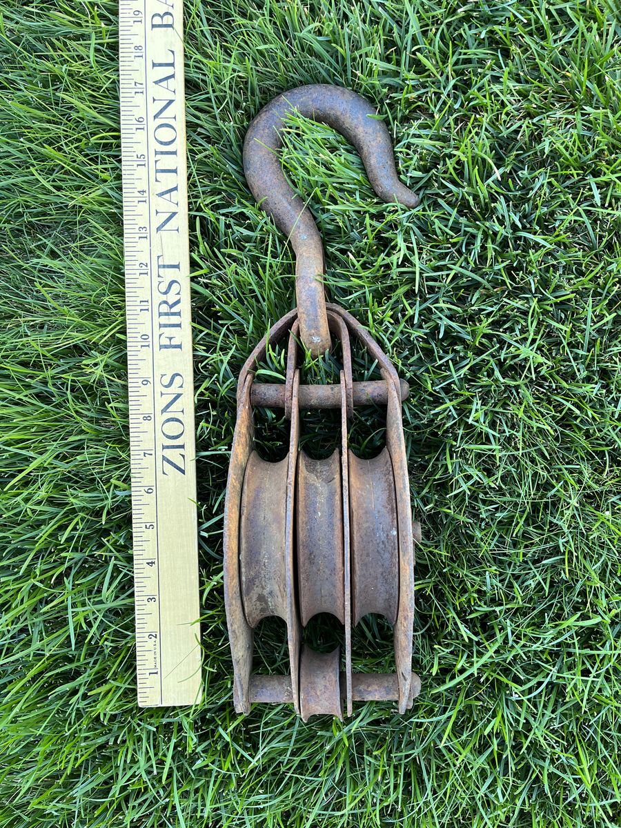 Extra Large Rustic Iron Hook and Pulley - Three Cables -Display Piece