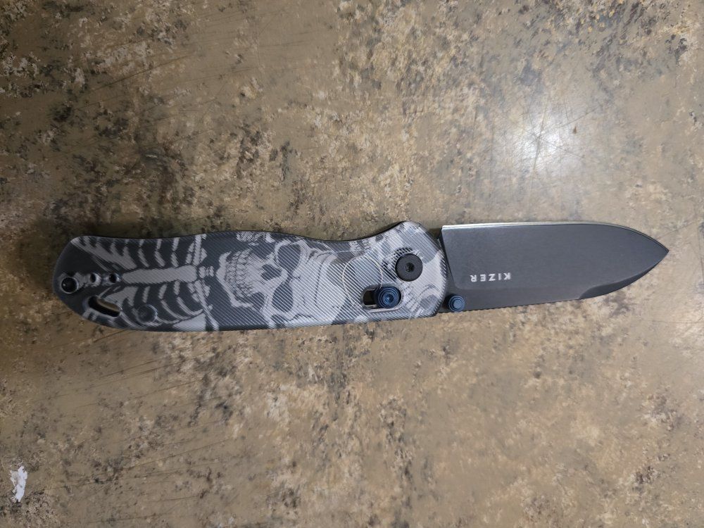 Kizer Azo Drop Bear Folding Knife - Skeleton Pattern, Black Blade, Blue Accents