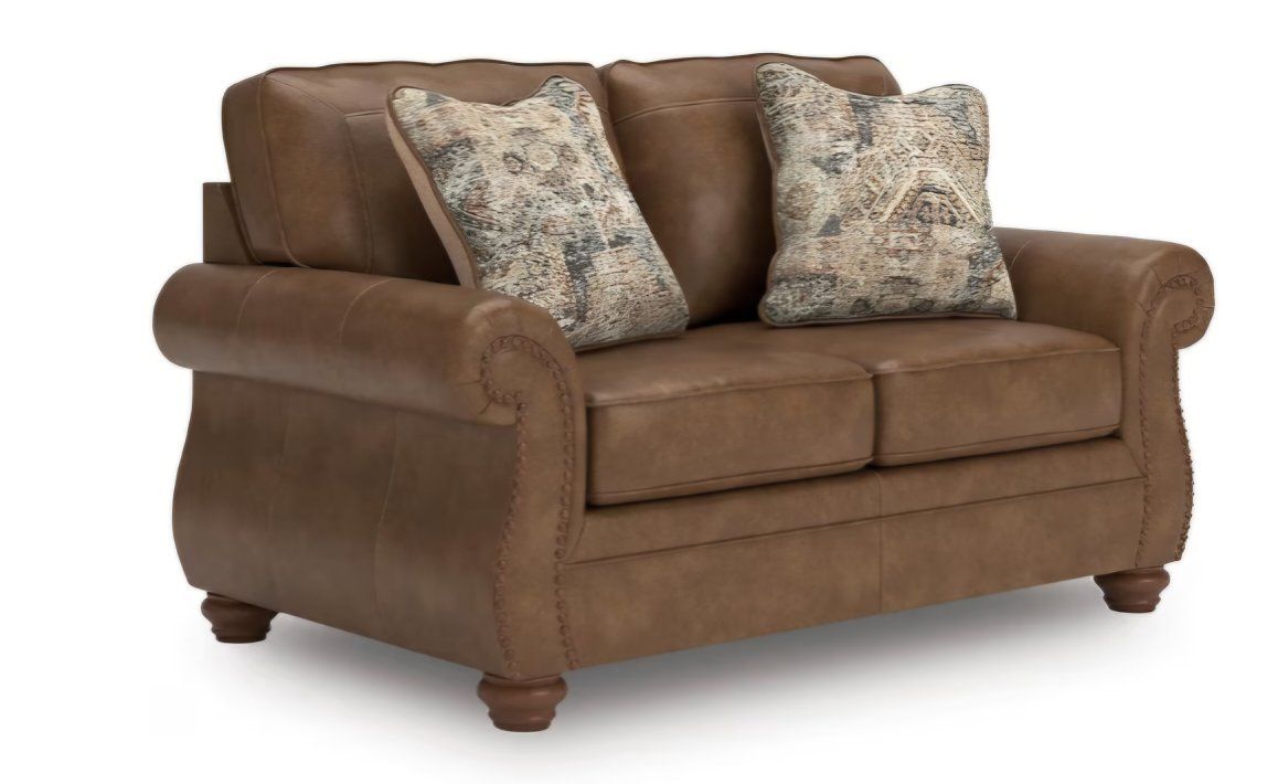 Signature Design by Ashley Shadsburne Rustic Faux Leather Loveseat with Nailhead Trim and 2 Throw Pillows, Brown
