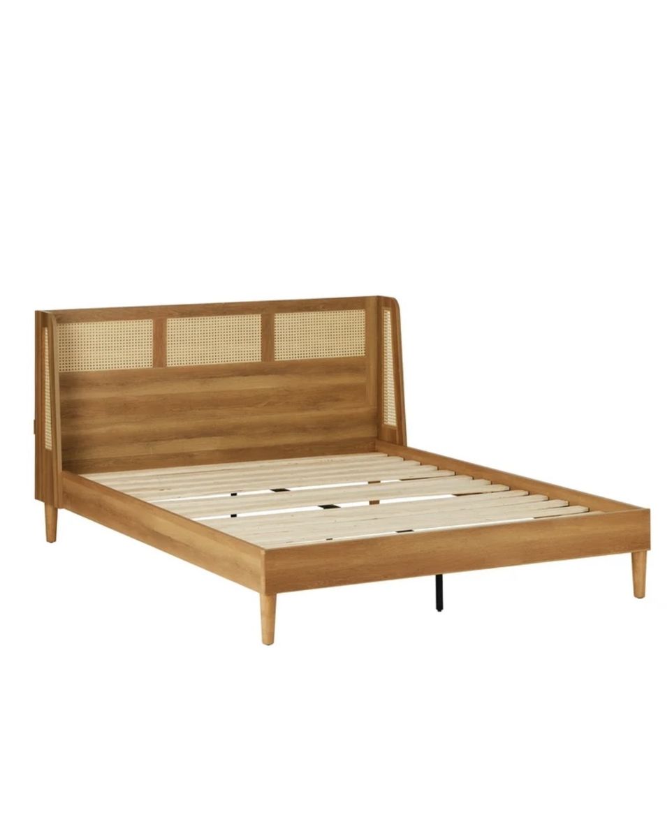 Queen size Springwood Caning Queen Platform Bed With Headboard, Light Honey Finish