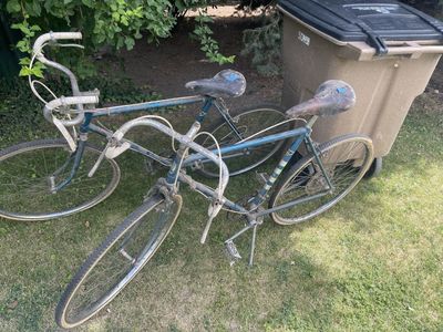 Vintage Peugeot road bicycles, likely from the 1970s.