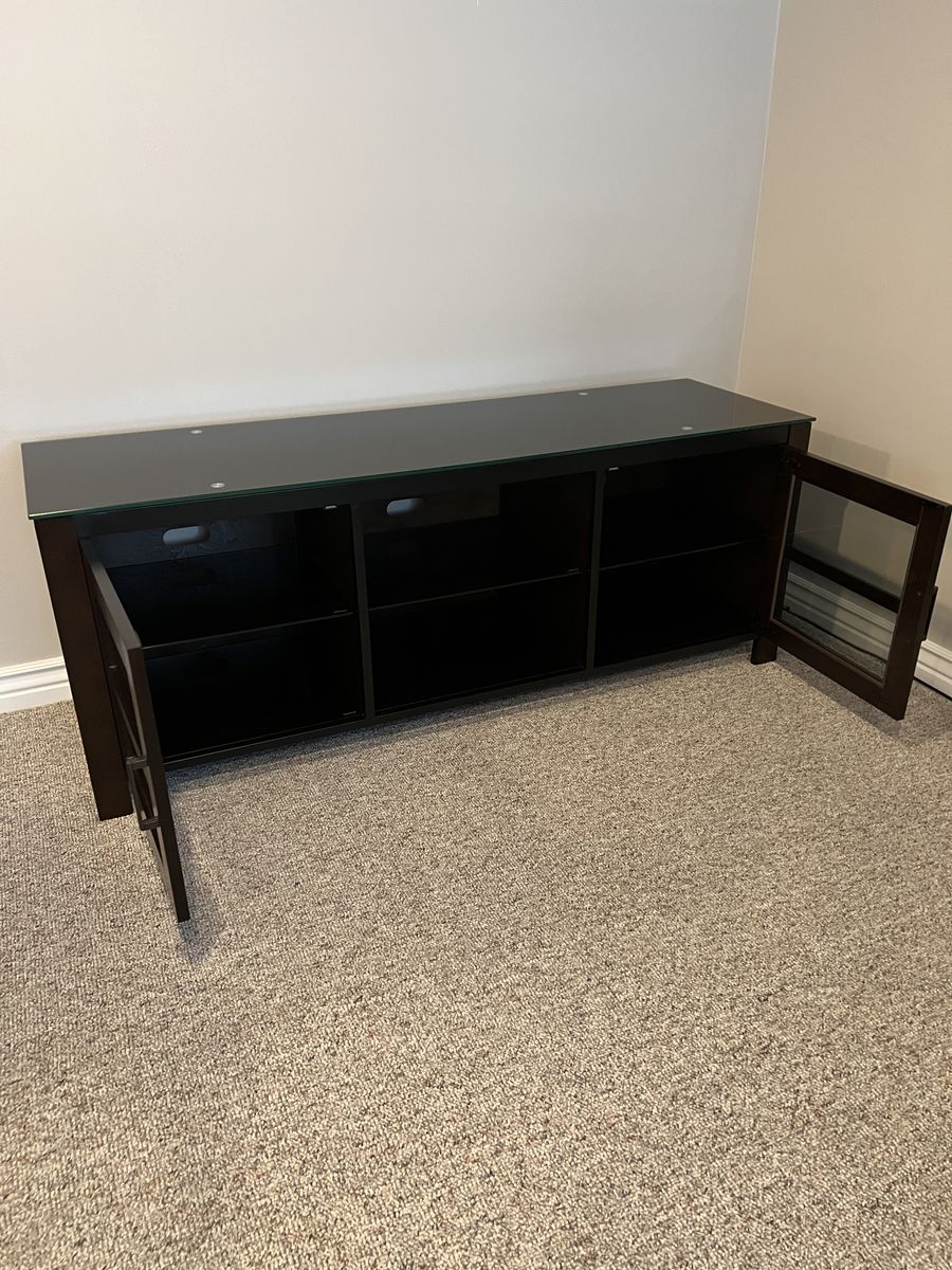 Dark Brown Wooden TV Stand Console with Glass Top & Glass Frame Cabinet Doors