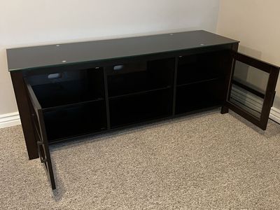 Dark Brown Wooden TV Stand Console with Glass Top & Glass Frame Cabinet Doors