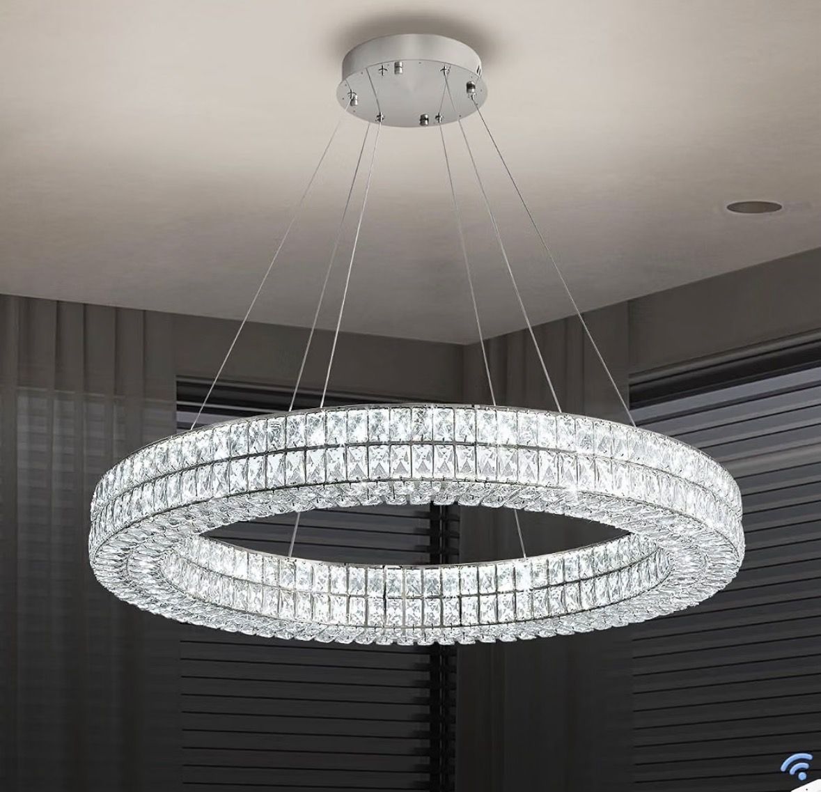 Modern 40" Ring Crystal Chandelier Dimmable LED Stainless Steel Silver