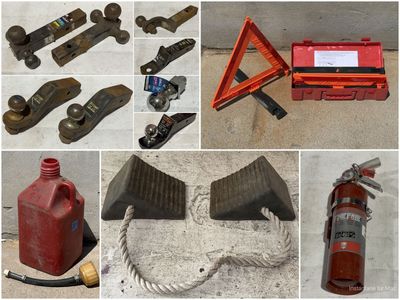 SAVE 70%!! Automotive Items - Fuel Can, Tow Hitches, Safety Triangles, Fire Extinguishers, Wheel Chocks - Good Used Condition