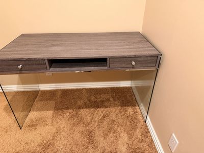 Modern Grey Wood-Look Writing Desk with Glass Legs and Storage Drawers