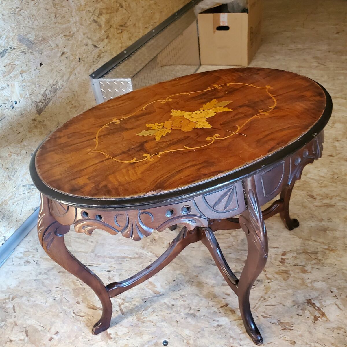French style carved marquetry table