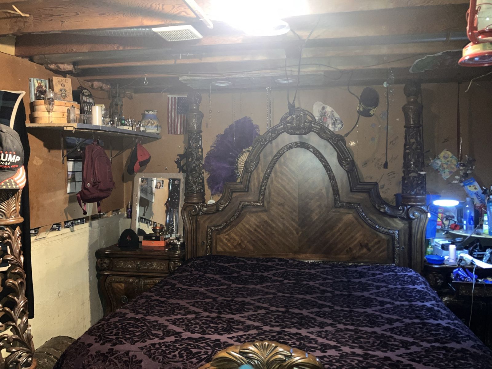 Ornate Wooden Poster Bed Frame with Matching Nightstands and dresser with mirror king size bed