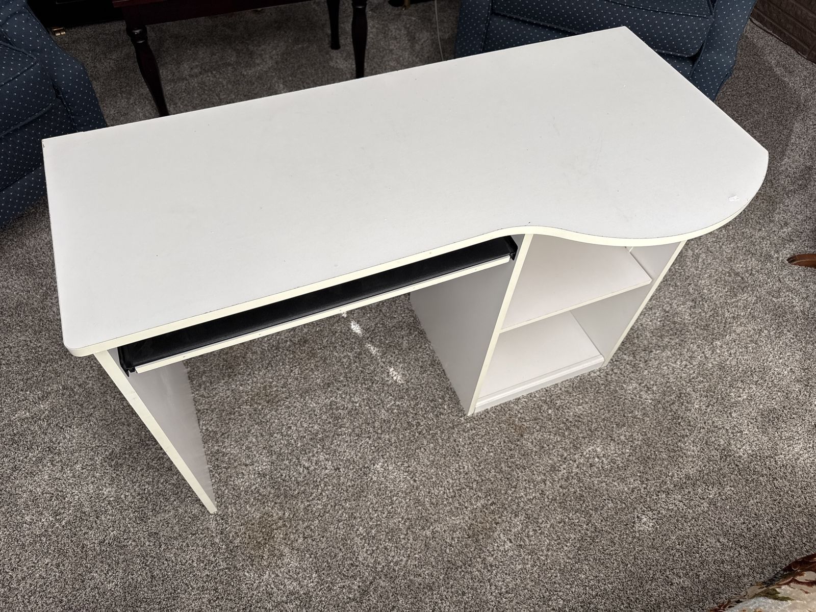 Compact White Computer Desk with Keyboard Tray and Shelves - Fits 2 Monitors.  Bottom slide out for keyboard.