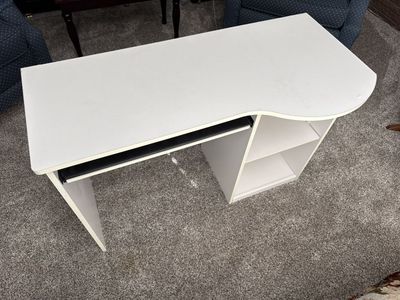 Compact White Computer Desk with Keyboard Tray and Shelves - Fits 2 Monitors. Bottom slide out for keyboard.