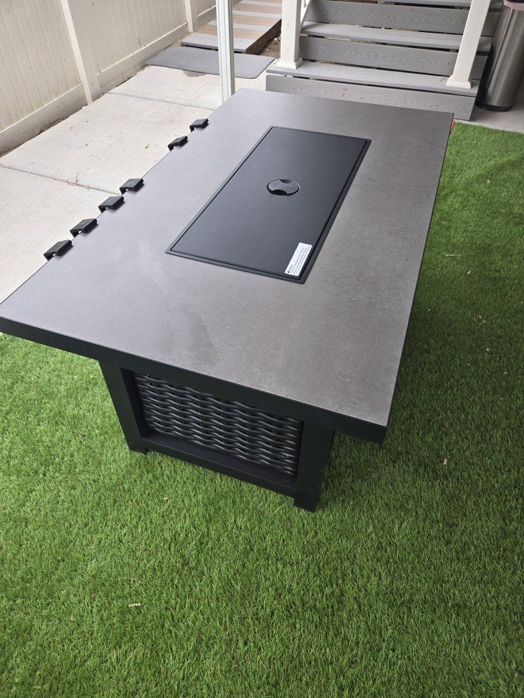 Athena collection Gray Woven Outdoor Fire Pit Table w/ Black Glass Rocks - Gas Powered