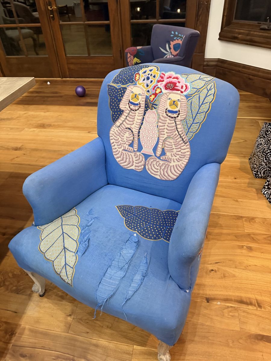 Anthropologie Decorative Blue Armchair with Dog and Leaf Embroidery