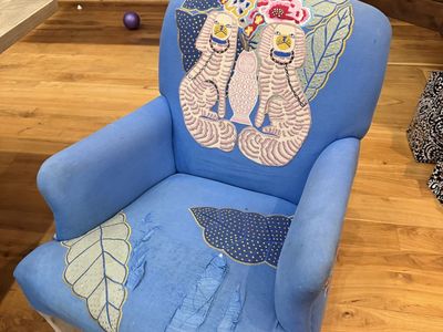 Anthropologie Decorative Blue Armchair with Dog and Leaf Embroidery