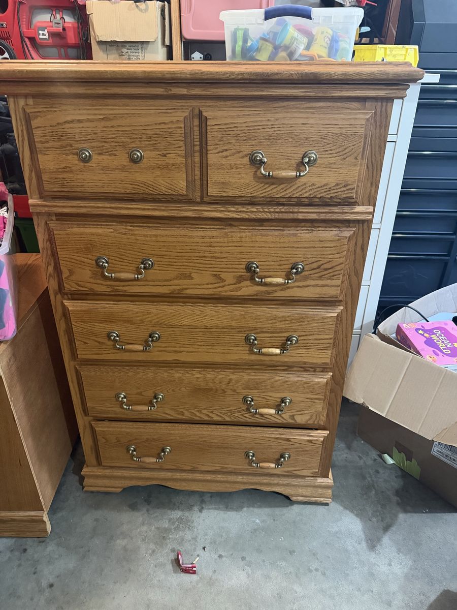 A set of Oak Wood Tall Dresser with 6 Drawers & Brass Hardware + 2 night stands.