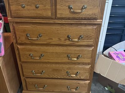 A set of Oak Wood Tall Dresser with 6 Drawers & Brass Hardware + 2 night stands.