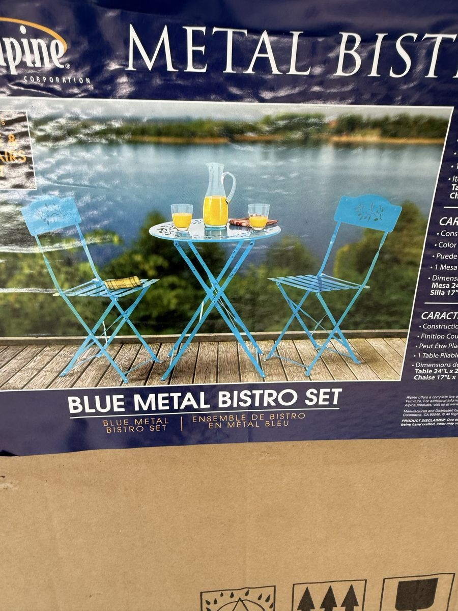 Alpine Corporation Blue Metal Bistro Set Outdoor Patio Table and Chairs