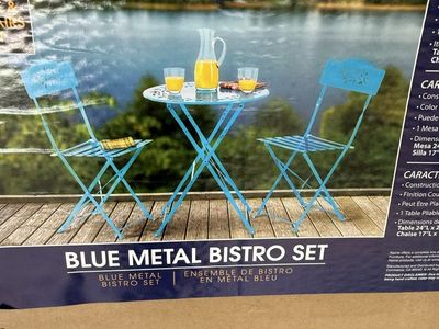 Alpine Corporation Blue Metal Bistro Set Outdoor Patio Table and Chairs