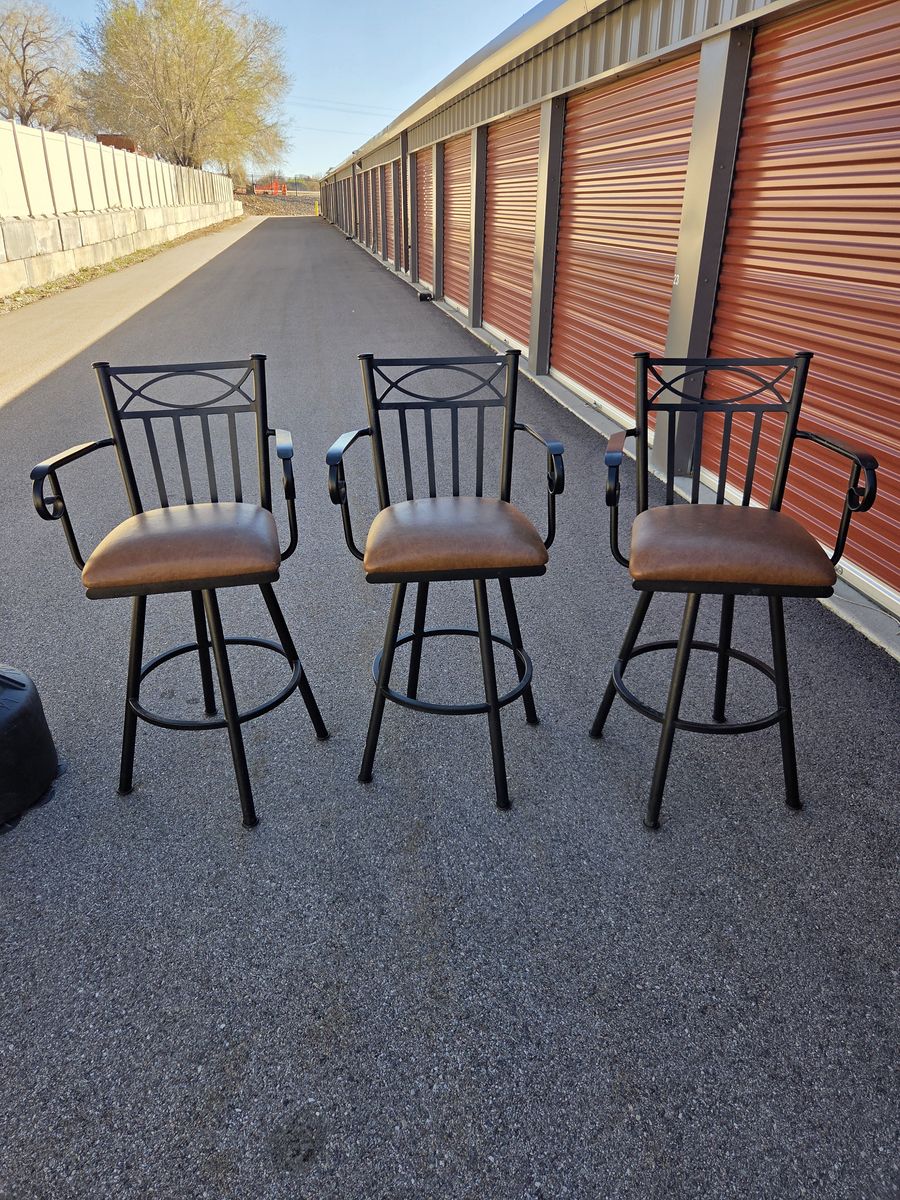 Set of 3 Black Metal Bar Stools w/ Arms & Brown Leather Seats - Like New!