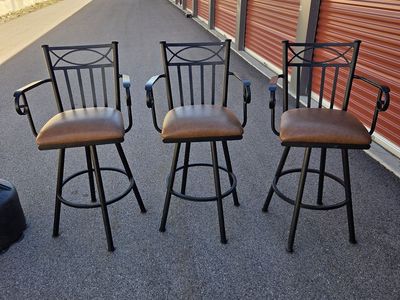 Set of 3 Black Metal Bar Stools w/ Arms & Brown Leather Seats - Like New!