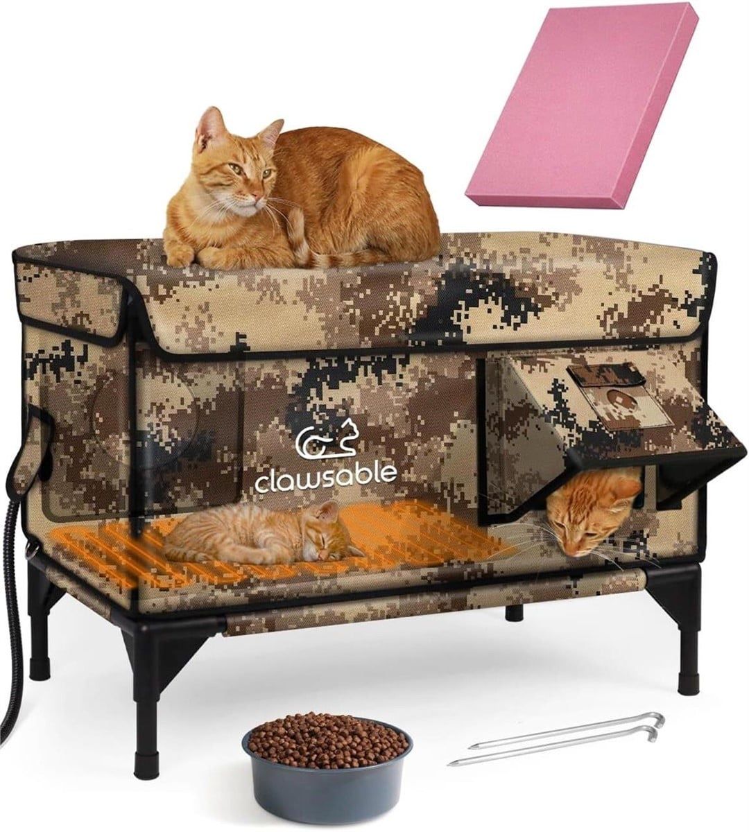 Clawsable Heated Outdoor Cat House - Digital Camo Insulated Enclosure for Feral Cats with Heating Pad