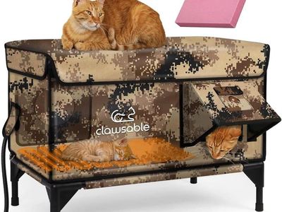 Clawsable Heated Outdoor Cat House - Digital Camo Insulated Enclosure for Feral Cats with Heating Pad