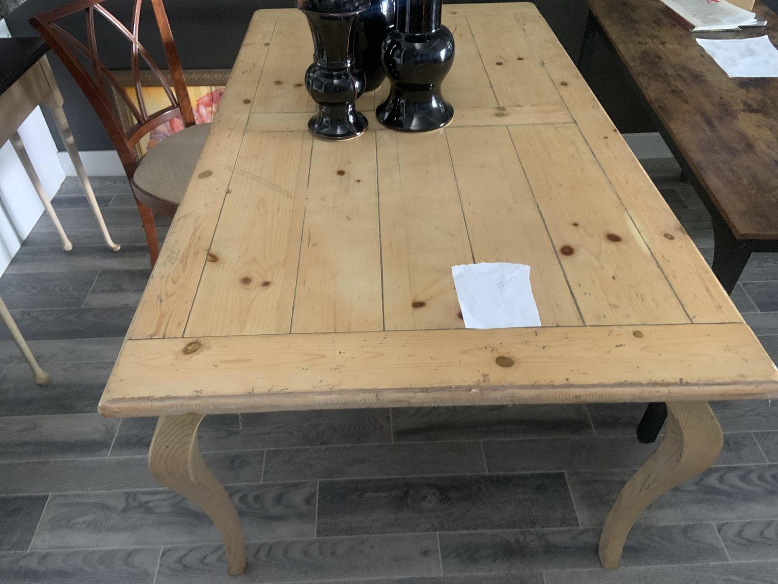 Rustic Farmhouse Pine Dining Table with Cabriole Legs - Light Wood Finish