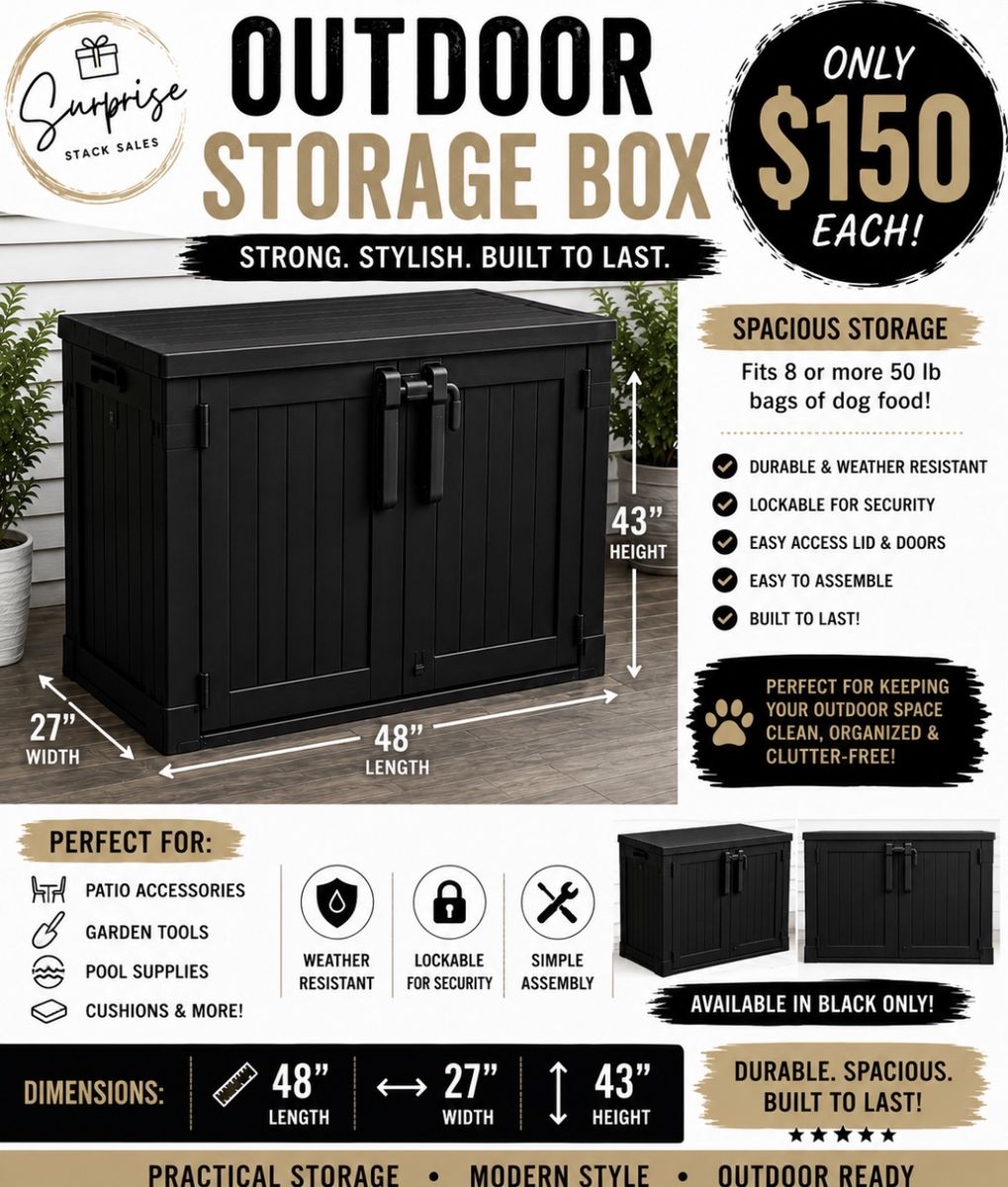 Outdoor Storage Box - Black, 48" Length, 27" Width, 43" Height, Weather-Resistant, Lockable