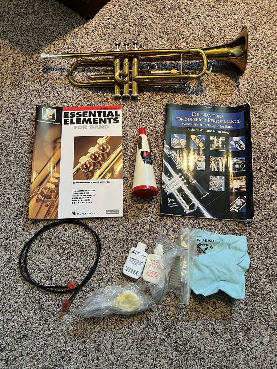Student Brass Trumpet with Case, Mute, Music Books and Care Accessories