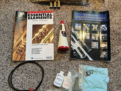 Student Brass Trumpet with Case, Mute, Music Books and Care Accessories